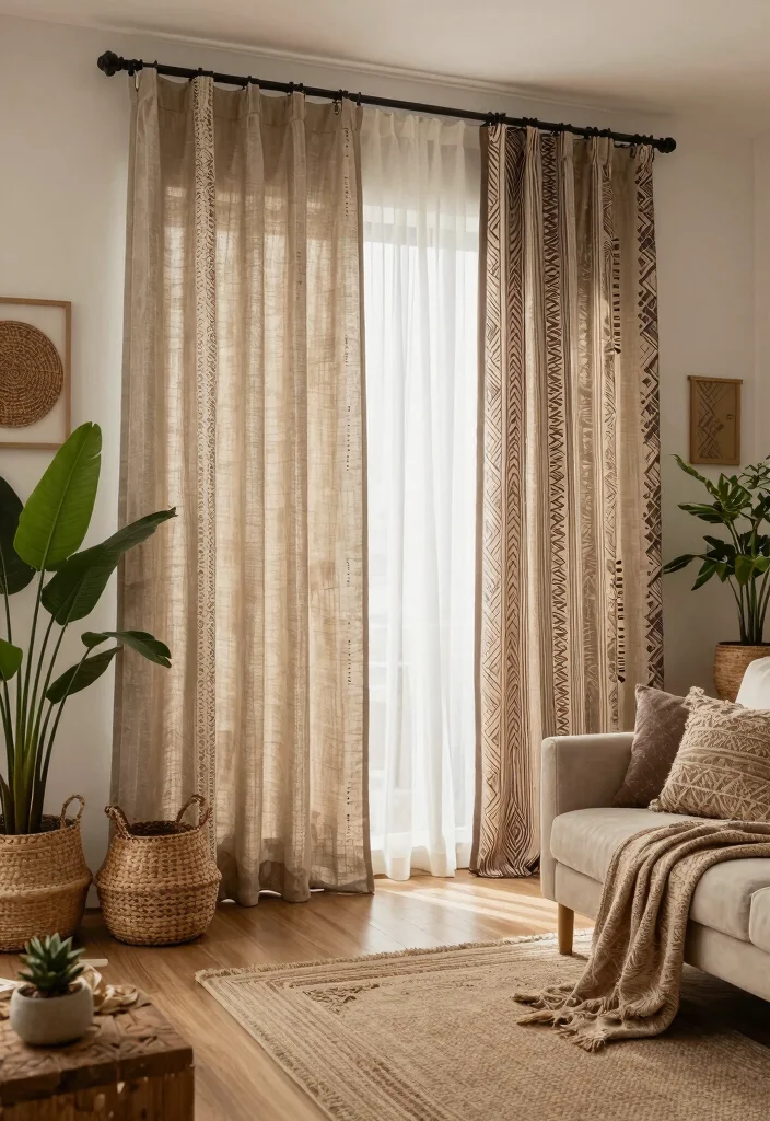 17 Double Curtains Living Room Ideas Layered Elegant Looks 15. Boho Layers with Natural Elements 0
