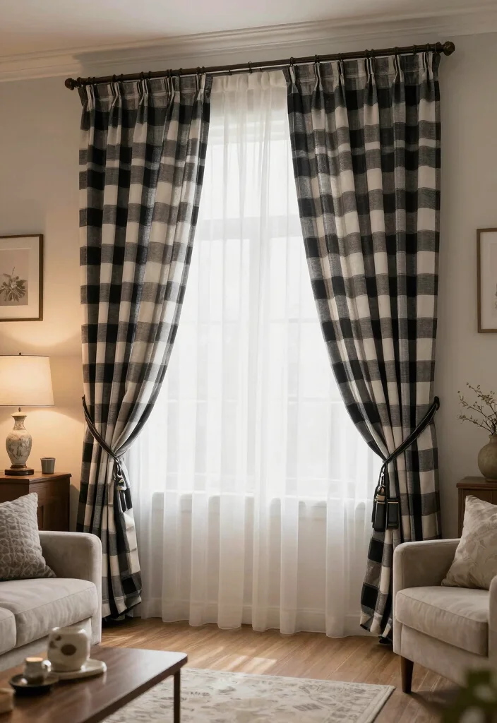 17 Double Curtains Living Room Ideas Layered Elegant Looks 17. Classic Checks for Timeless Appeal 0