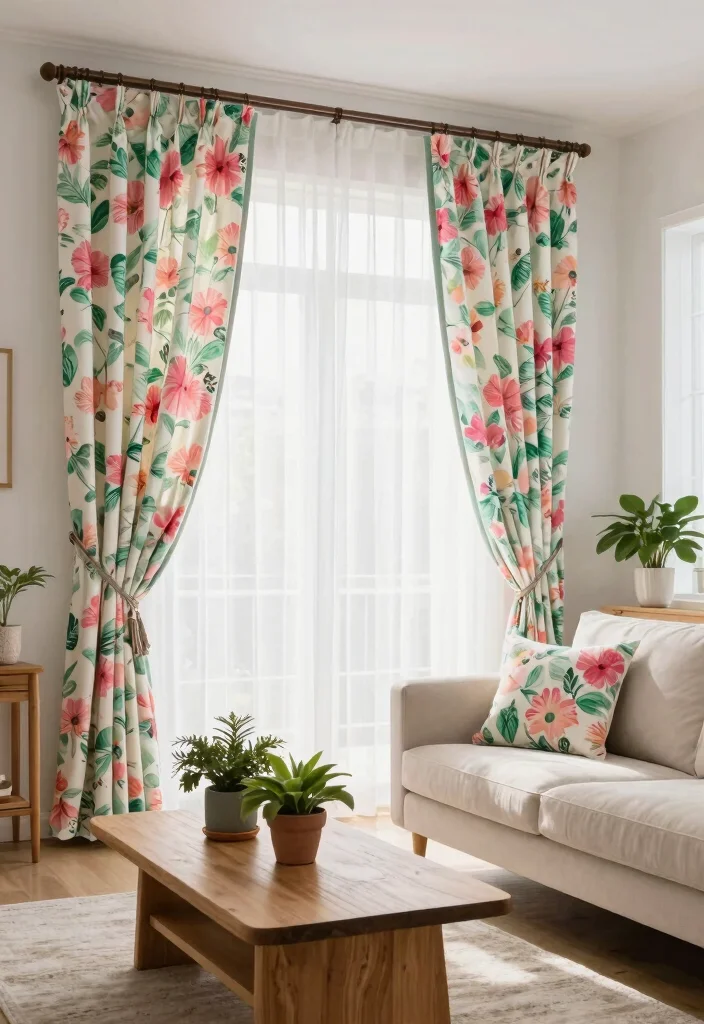 17 Double Curtains Living Room Ideas Layered Elegant Looks 3. Floral Patterns to Freshen Up 0