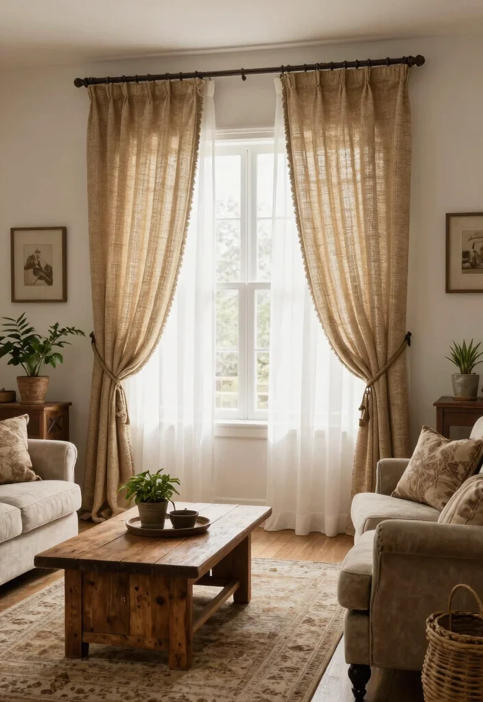 17 Double Curtains Living Room Ideas Layered Elegant Looks 9. Farmhouse Chic with Natural Materials 0