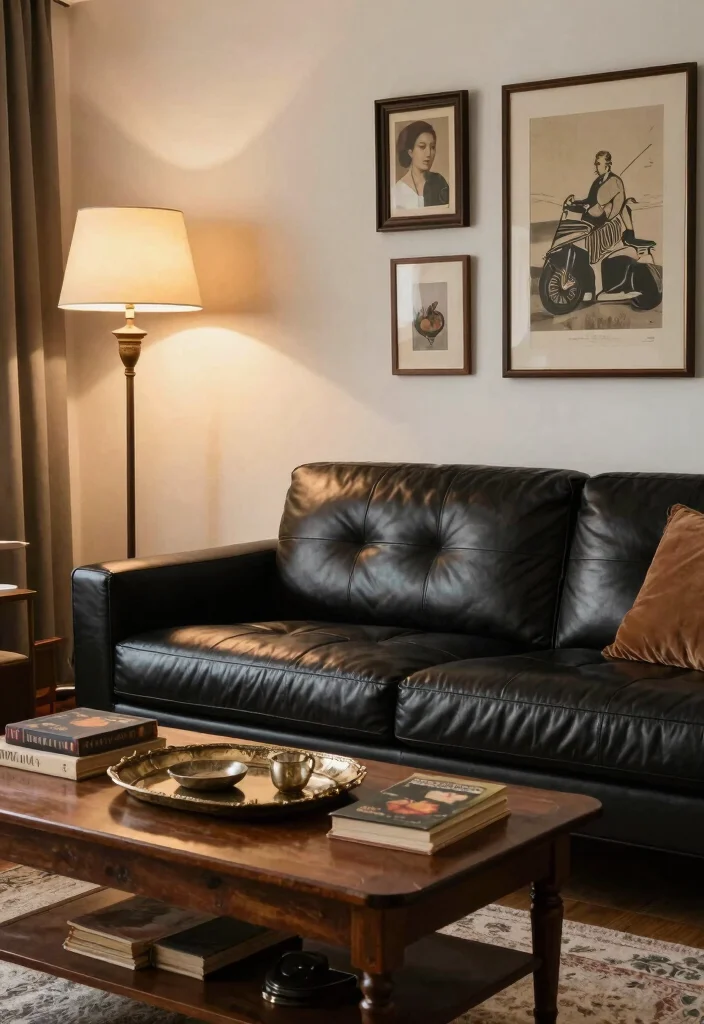 17 Living Room With Black Leather Couch Ideas Sleek Modern Looks 10. Vintage Accents 0