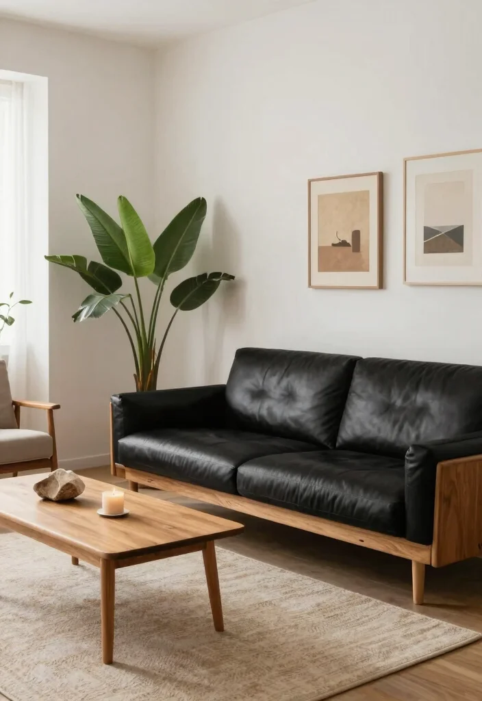 17 Living Room With Black Leather Couch Ideas Sleek Modern Looks 2. Cozy Minimalism 0