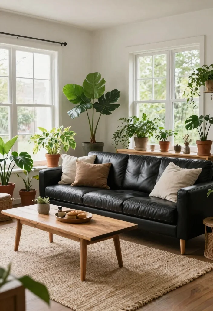 17 Living Room With Black Leather Couch Ideas Sleek Modern Looks 8. Nature Inspired Decor 0