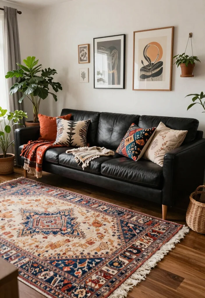 17 Living Room With Black Leather Couch Ideas Sleek Modern Looks 9. Bohemian Vibes 0