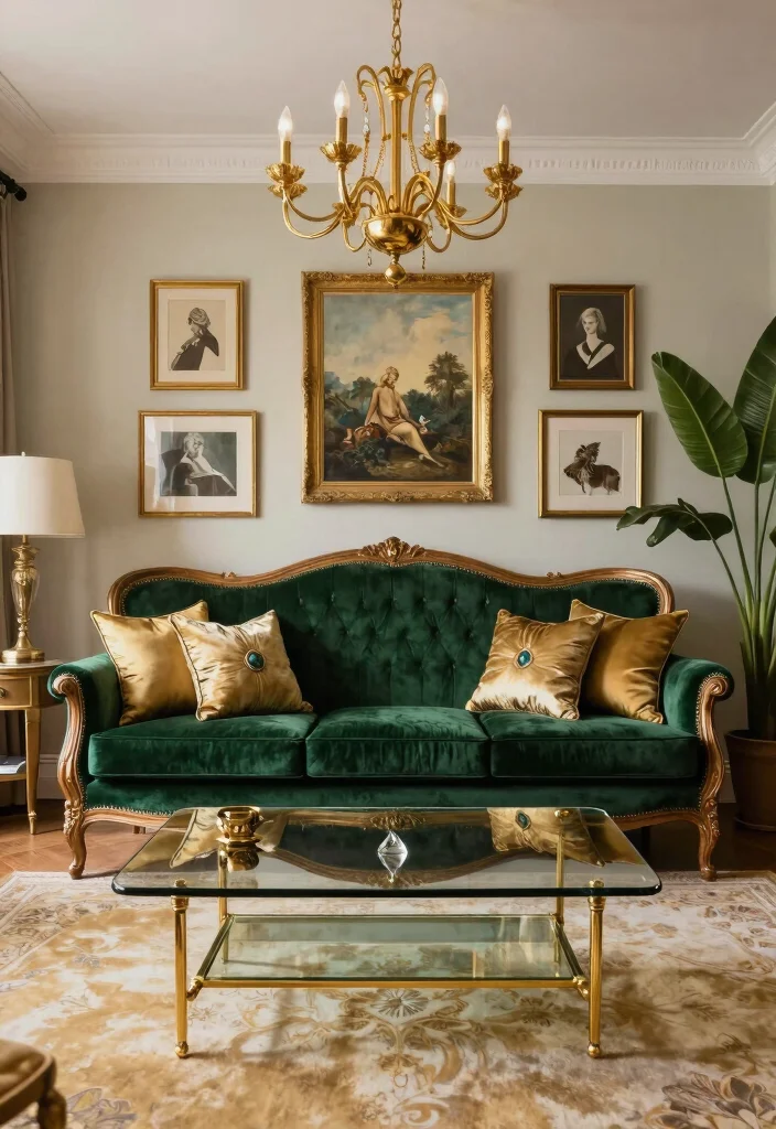 17 Vintage Couch Living Room Ideas Timeless Character 3. Retro Glam with Gold Accents 0