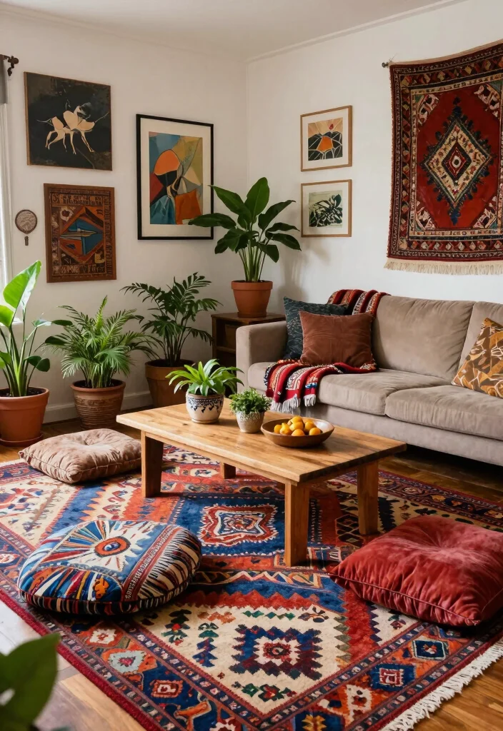 17 Vintage Rug Living Room Ideas Character Rich Style 4. Bohemian Bliss with Vintage Rugs 0