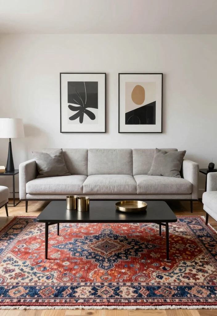 17 Vintage Rug Living Room Ideas Character Rich Style 6. Mixing with Modern Decor 0