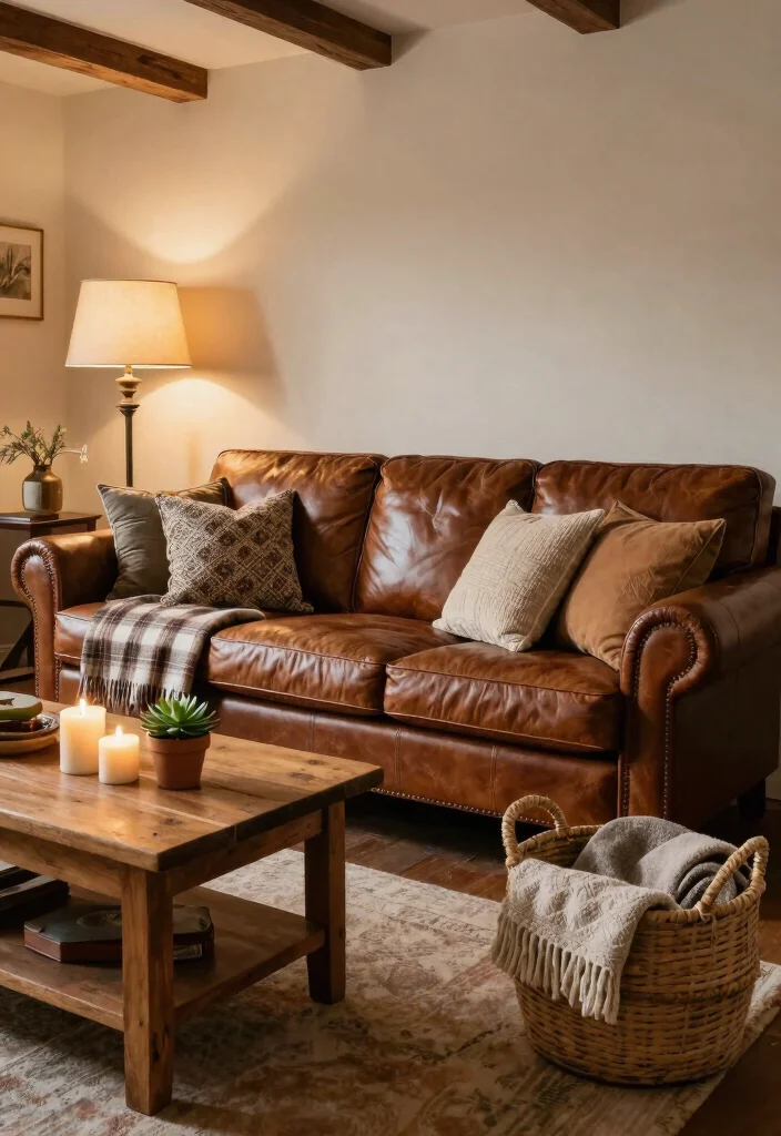 18 Brown Couch Living Room Ideas with Farmhouse Cozy Charm 1. Vintage Leather Comfort 0