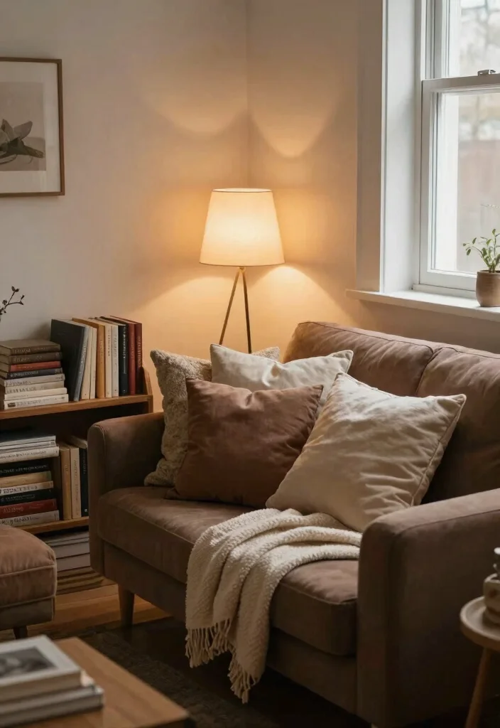 18 Brown Couch Living Room Ideas with Farmhouse Cozy Charm 10. Cozy Corner Nooks 0