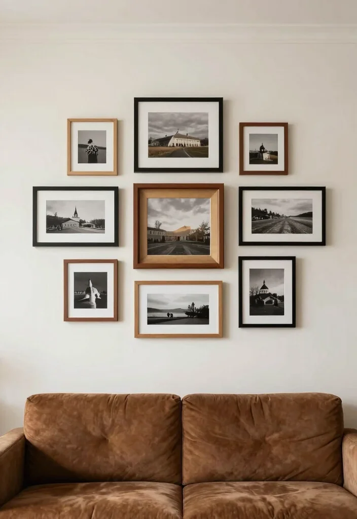 18 Brown Couch Living Room Ideas with Farmhouse Cozy Charm 12. Gallery Wall Charm 0