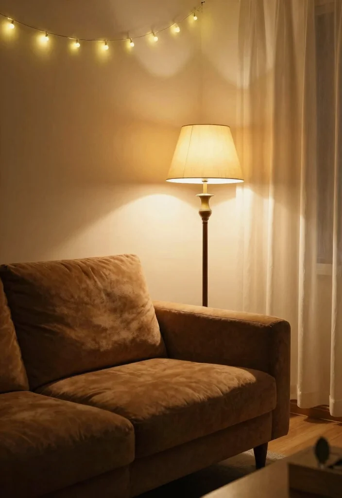 18 Brown Couch Living Room Ideas with Farmhouse Cozy Charm 13. Soft Lighting Accents 0