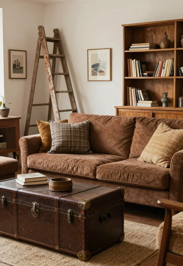 18 Brown Couch Living Room Ideas with Farmhouse Cozy Charm 15. Repurposed Furniture 0