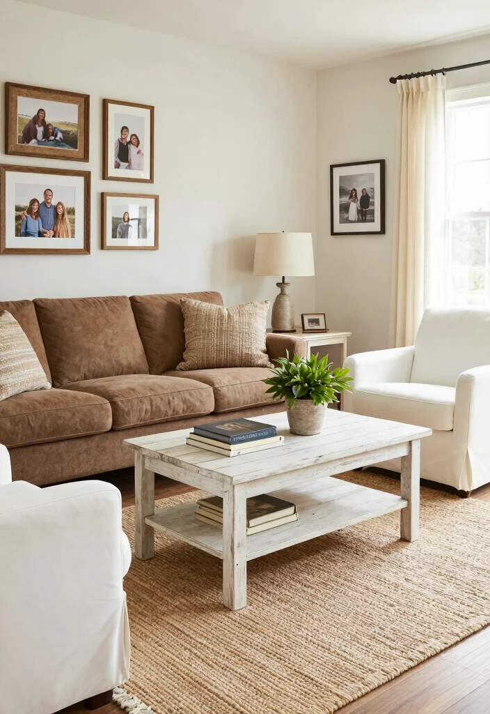 18 Brown Couch Living Room Ideas with Farmhouse Cozy Charm 2. Farmhouse Chic with White Accents 0