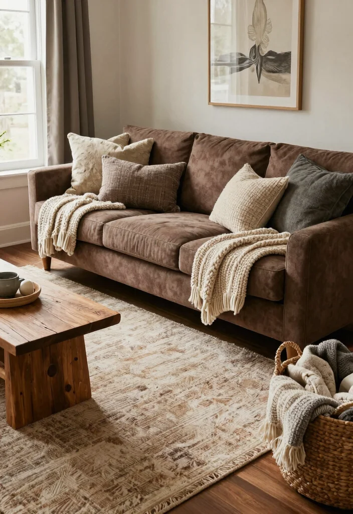 18 Brown Couch Living Room Ideas with Farmhouse Cozy Charm 3. Layered Textures for Depth 0