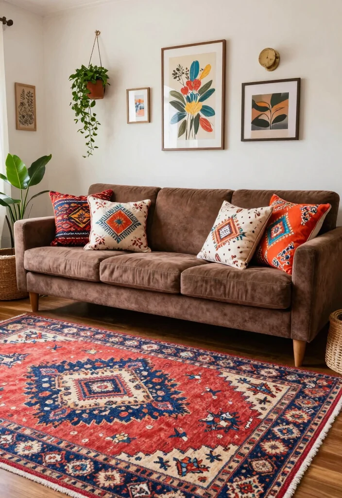 18 Brown Couch Living Room Ideas with Farmhouse Cozy Charm 4. Bohemian Touches 0