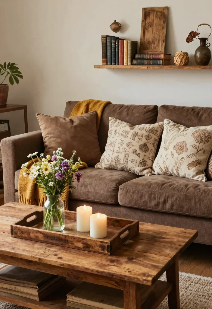 18 Brown Couch Living Room Ideas with Farmhouse Cozy Charm 5. Rustic Farmhouse Accessories 0