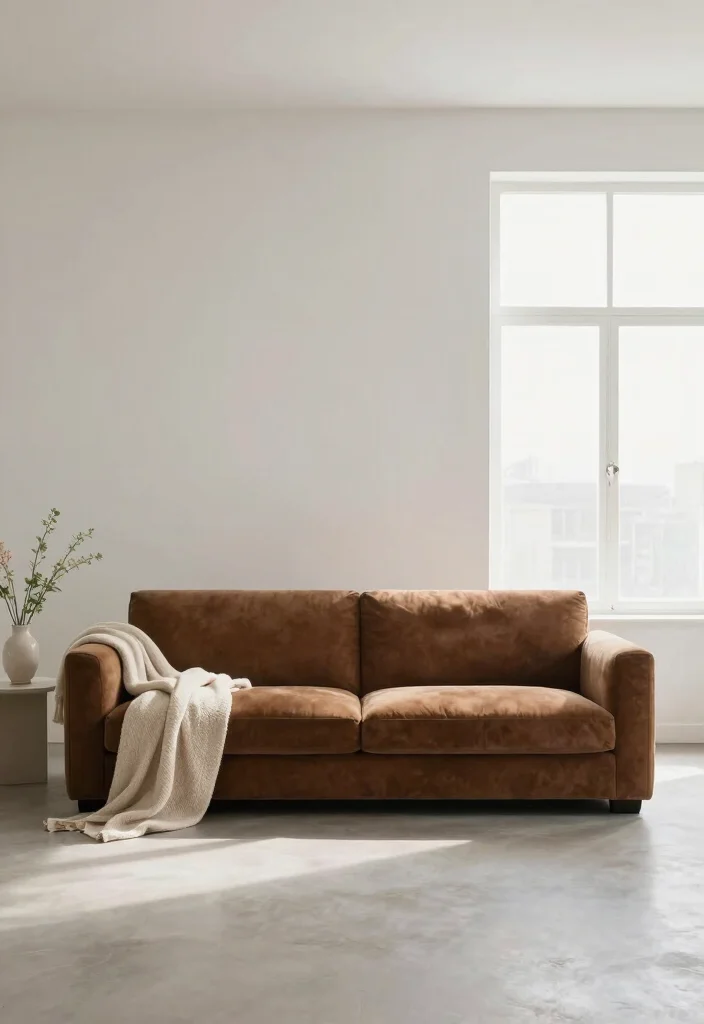 18 Brown Couch Living Room Ideas with Farmhouse Cozy Charm 7. Minimalist Flair 0