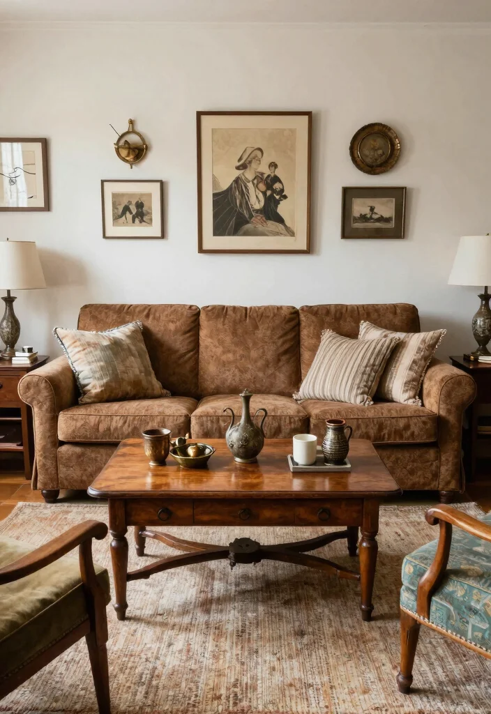 18 Brown Couch Living Room Ideas with Farmhouse Cozy Charm 8. Vintage Finds Mix 0