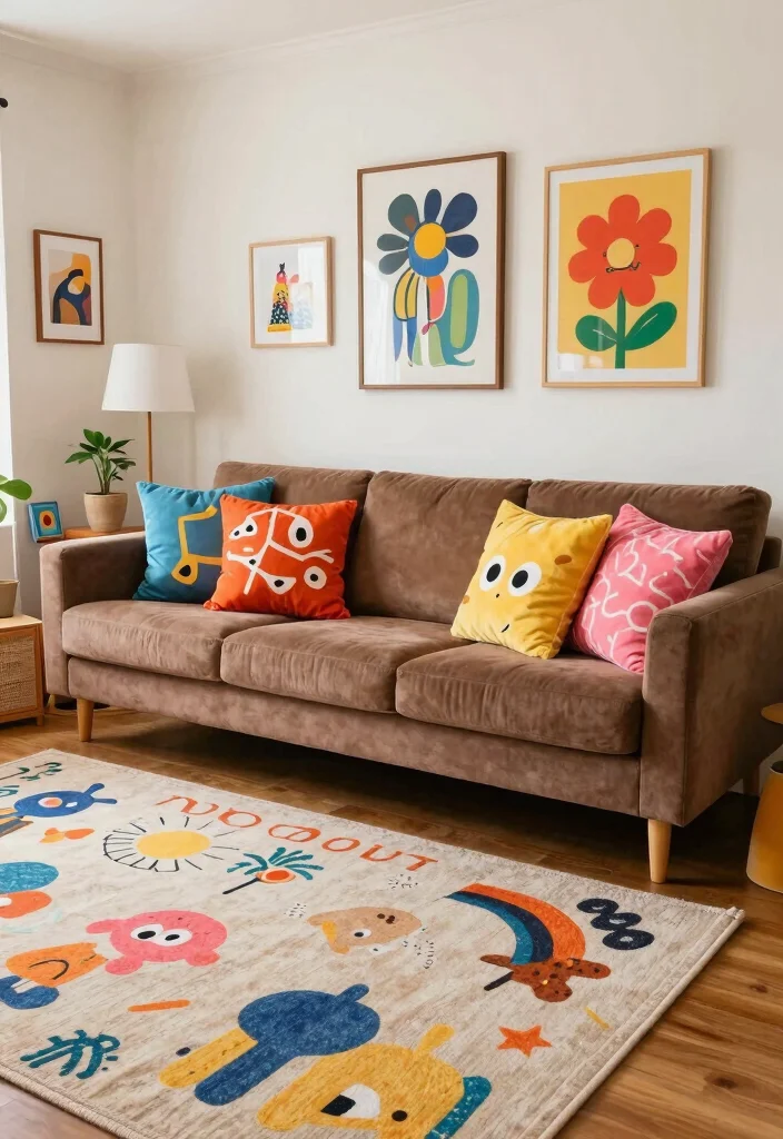 18 Brown Couch Living Room Ideas with Farmhouse Cozy Charm 9. Whimsical Elements 0