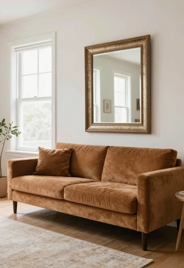 18 Caramel Sofa Living Room Ideas Warm Trendy Neutrals 14. Using Mirrors to Amplify Light 0