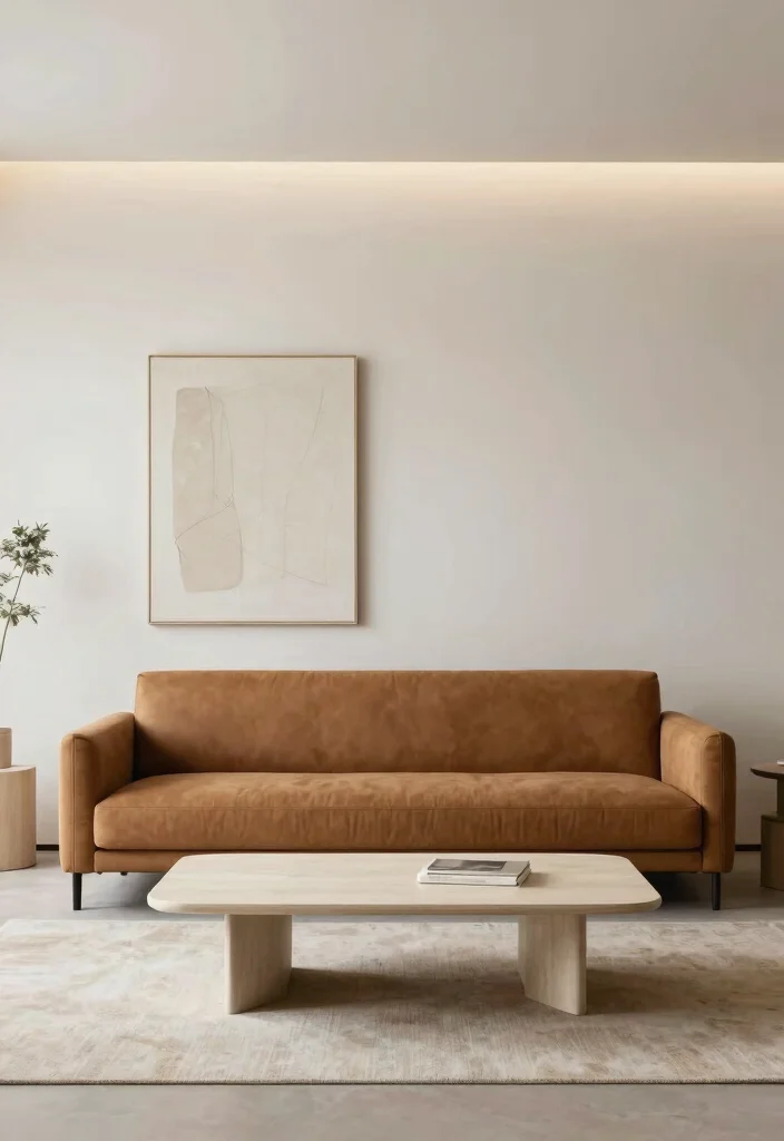 18 Caramel Sofa Living Room Ideas Warm Trendy Neutrals 3. Minimalist Approach with Accent Decor 0