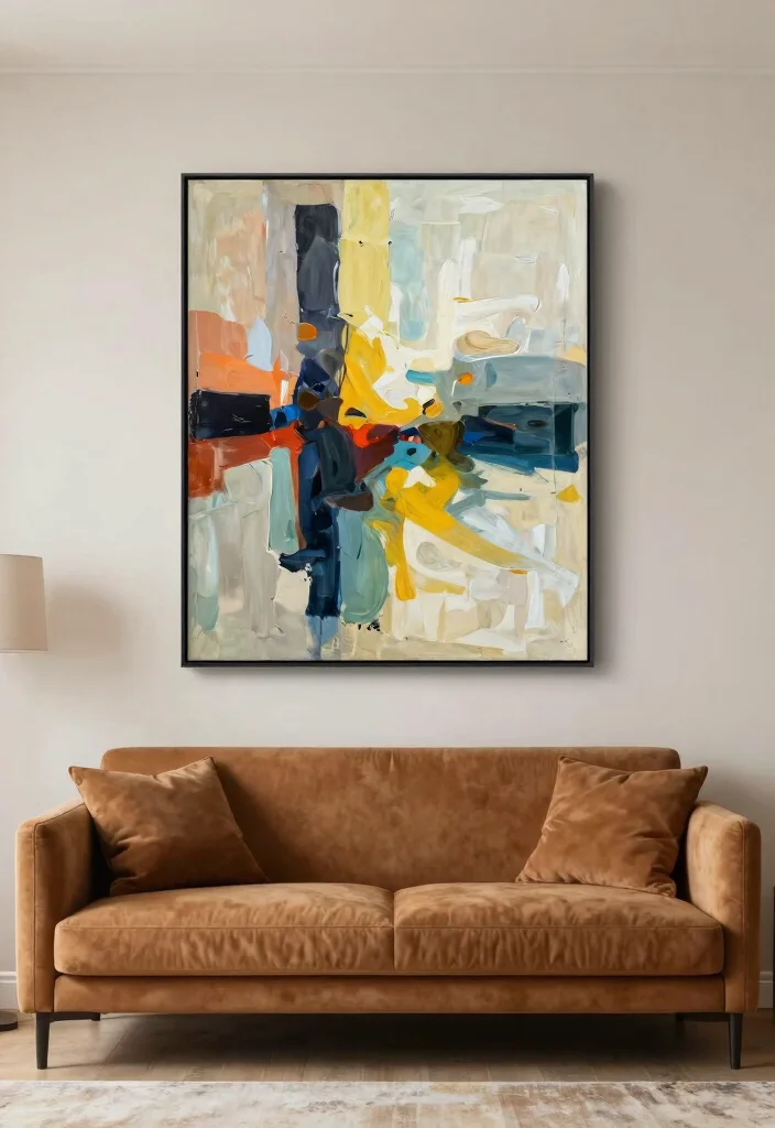 18 Caramel Sofa Living Room Ideas Warm Trendy Neutrals 6. Statement Artwork Above the Sofa 0