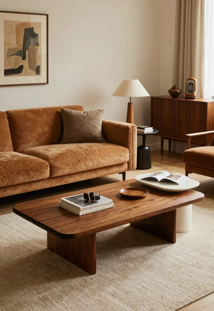 18 Caramel Sofa Living Room Ideas Warm Trendy Neutrals 8. Mixing Modern with Vintage 0