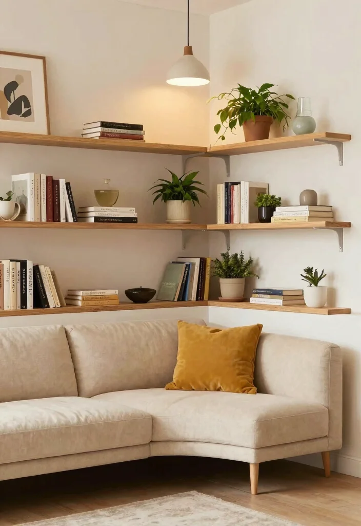 18 Corner Couch Living Room Layout Ideas Smart and Spacious 10. Open Shelving Backdrop 0