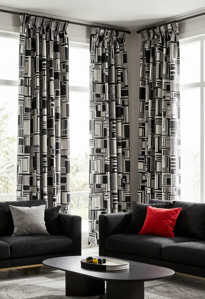 18 Curtain Designs Living Room Ideas Stylish and Functional 10. Geometric Patterned Curtains 0