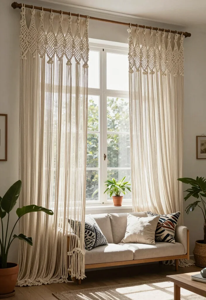 18 Curtain Designs Living Room Ideas Stylish and Functional 11. Bohemian Macrame Curtains 0
