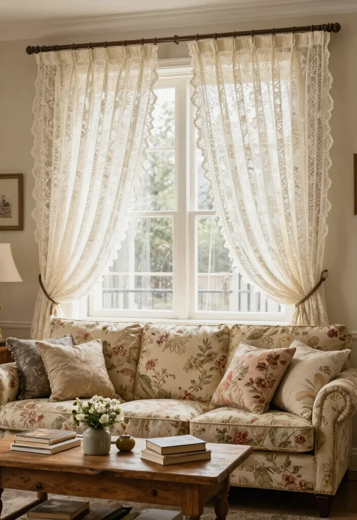 18 Curtain Designs Living Room Ideas Stylish and Functional 14. Vintage Lace Curtains 0