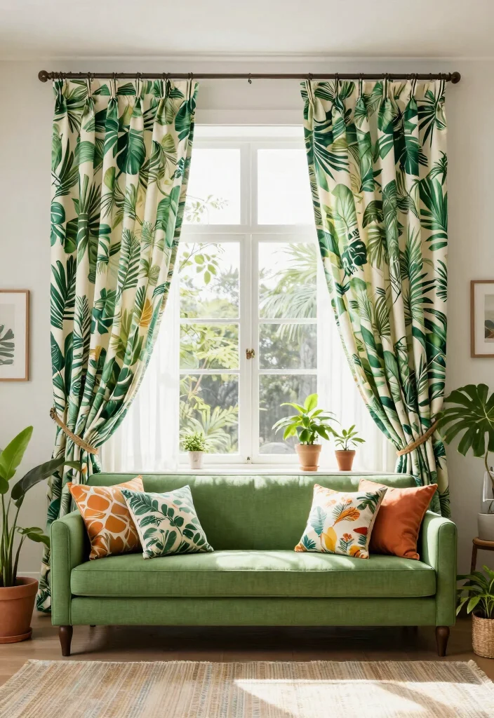 18 Curtain Designs Living Room Ideas Stylish and Functional 2. Botanical Print Drapes 0