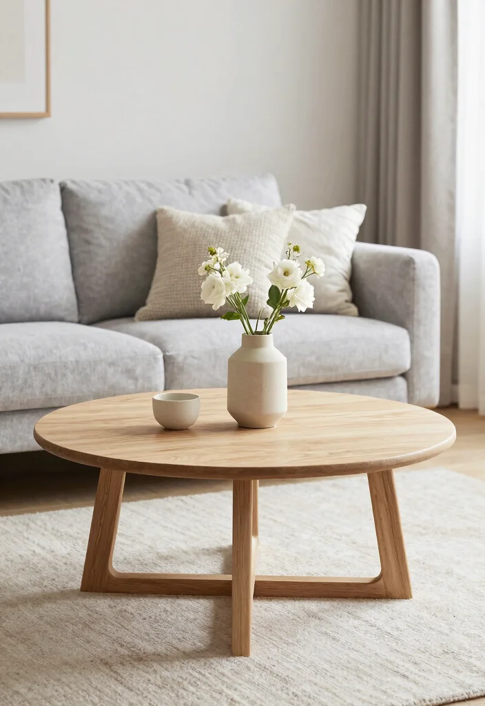 18 Living Room Round Coffee Table Ideas for a Soft Balanced Layout 12. Scandinavian Simplicity 0