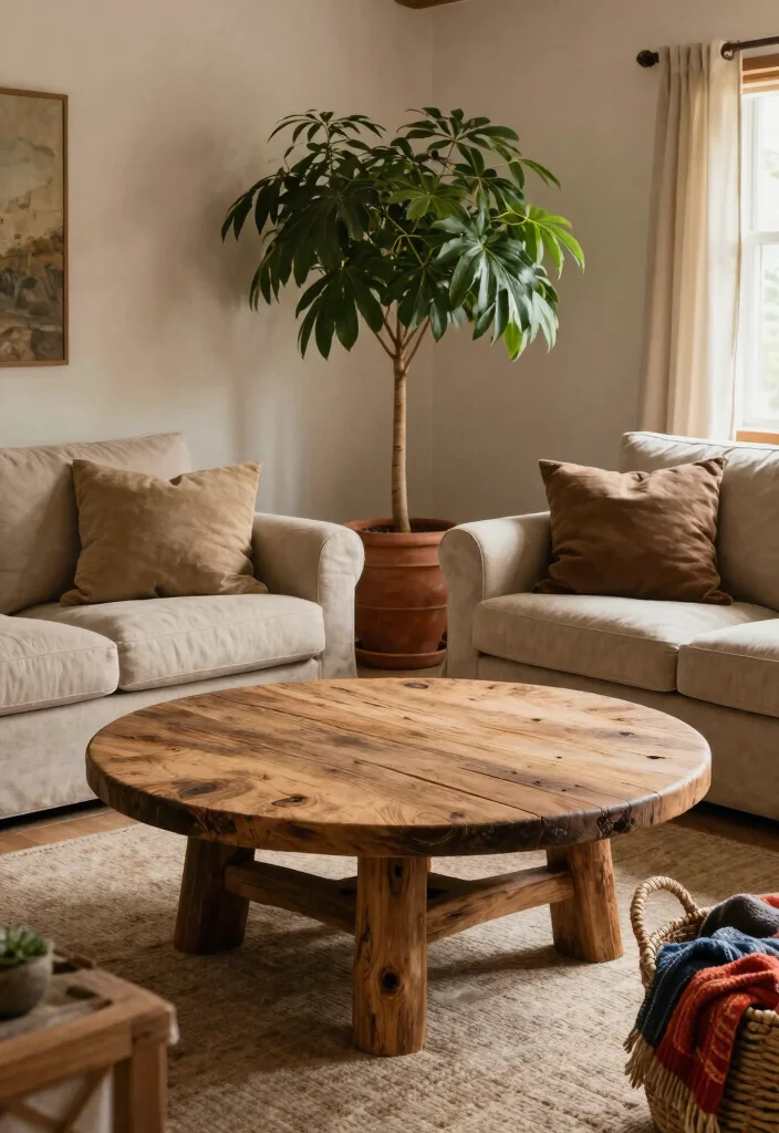 18 Living Room Round Coffee Table Ideas for a Soft Balanced Layout 4. Rustic Charm 0
