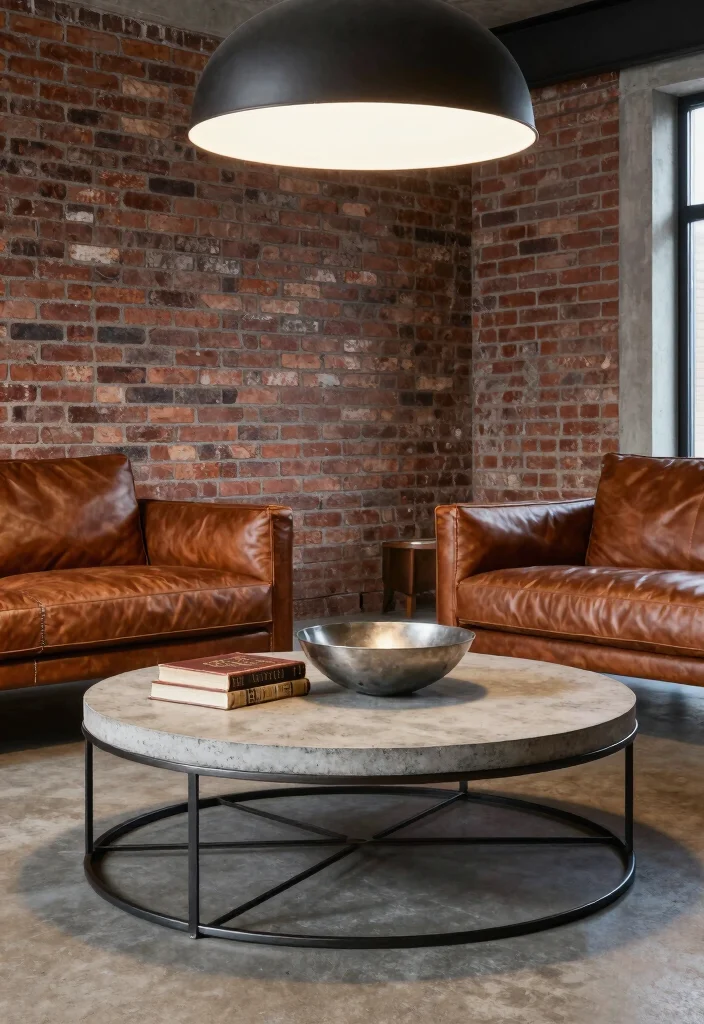 18 Living Room Round Coffee Table Ideas for a Soft Balanced Layout 5. Industrial Inspiration 0