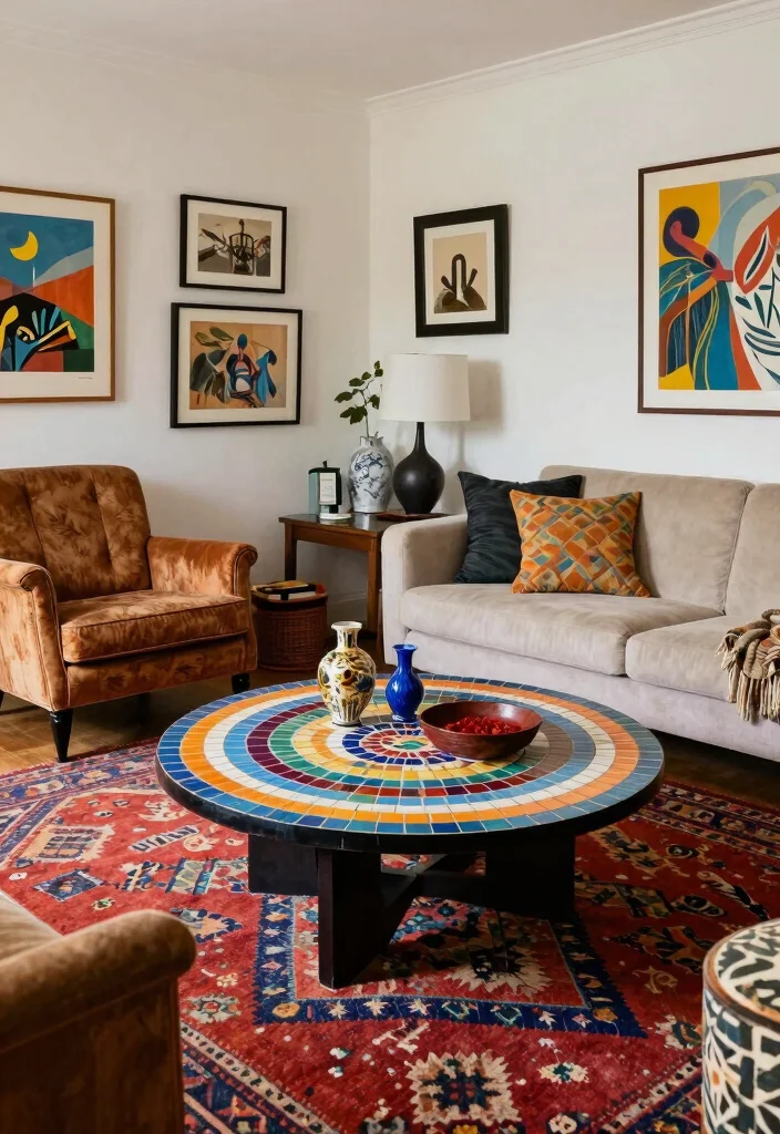 18 Living Room Round Coffee Table Ideas for a Soft Balanced Layout 7. Eclectic Mix 0