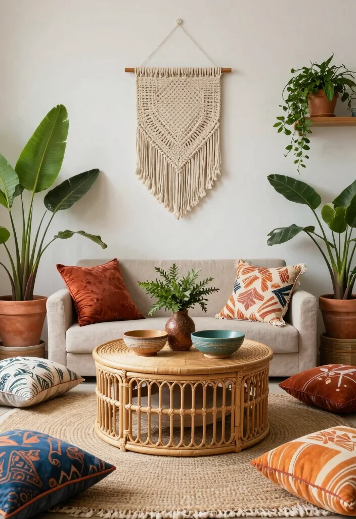 18 Living Room Round Coffee Table Ideas for a Soft Balanced Layout 8. Boho Bliss 0