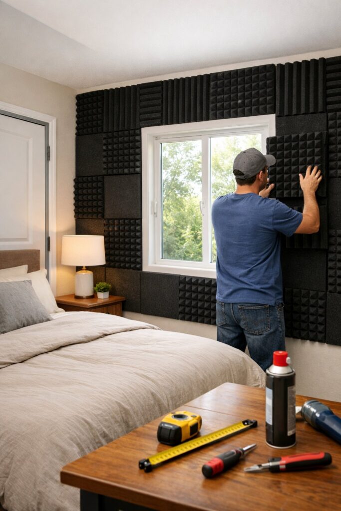 Person installing acoustic foam panels on the walls of a bedroom with a bed, nightstand, and tools nearby.