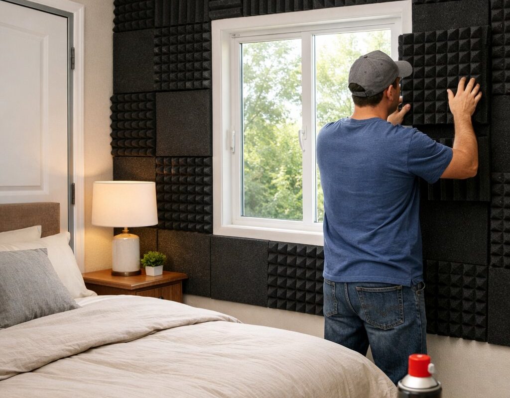 Person installing acoustic foam panels on the walls of a bedroom with a bed, nightstand, and tools nearby.
