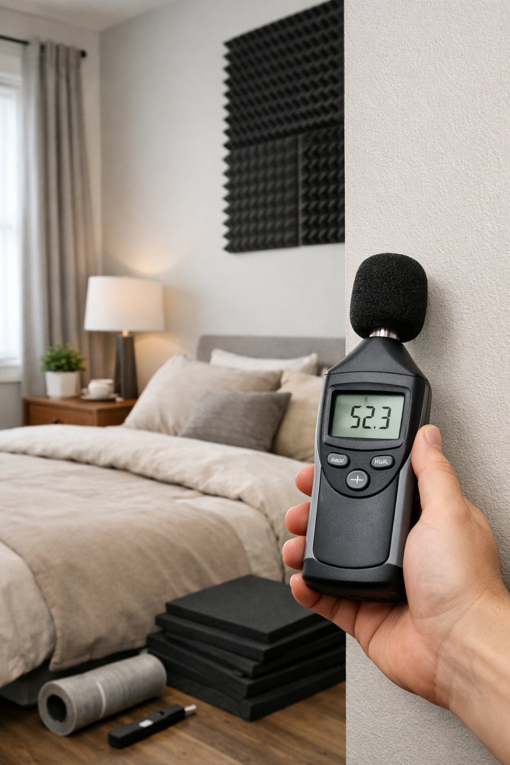 A person measuring noise levels in a modern bedroom with acoustic foam panels on the wall.