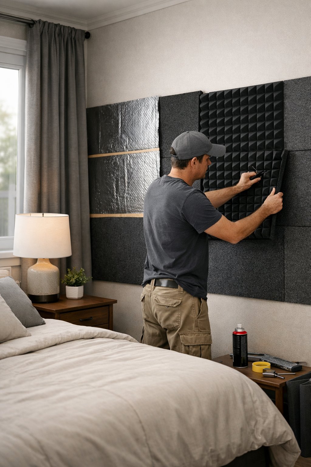 A person installing soundproofing panels on the walls of a bedroom with a bed and bedside table.