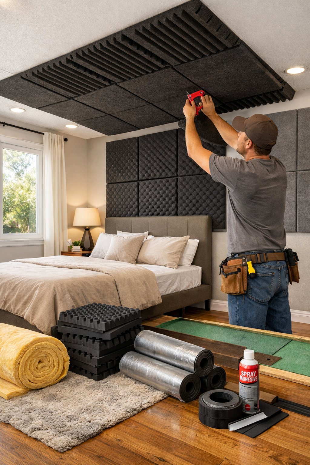 A person installing soundproofing panels on the ceiling and walls of a bedroom with a bed and wooden floor.