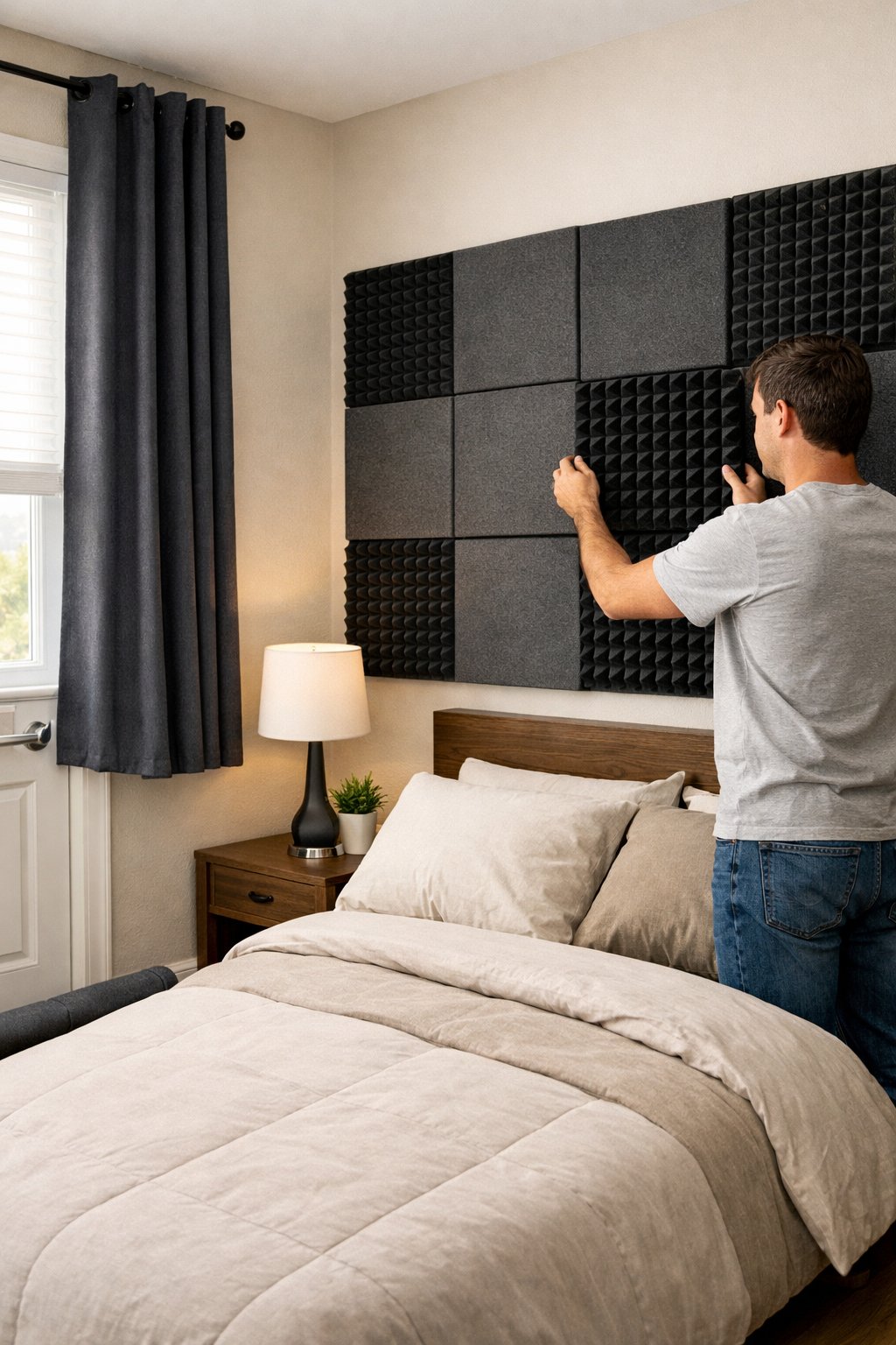 A person installing acoustic foam panels on the walls of a bedroom with a bed and window with blackout curtains.