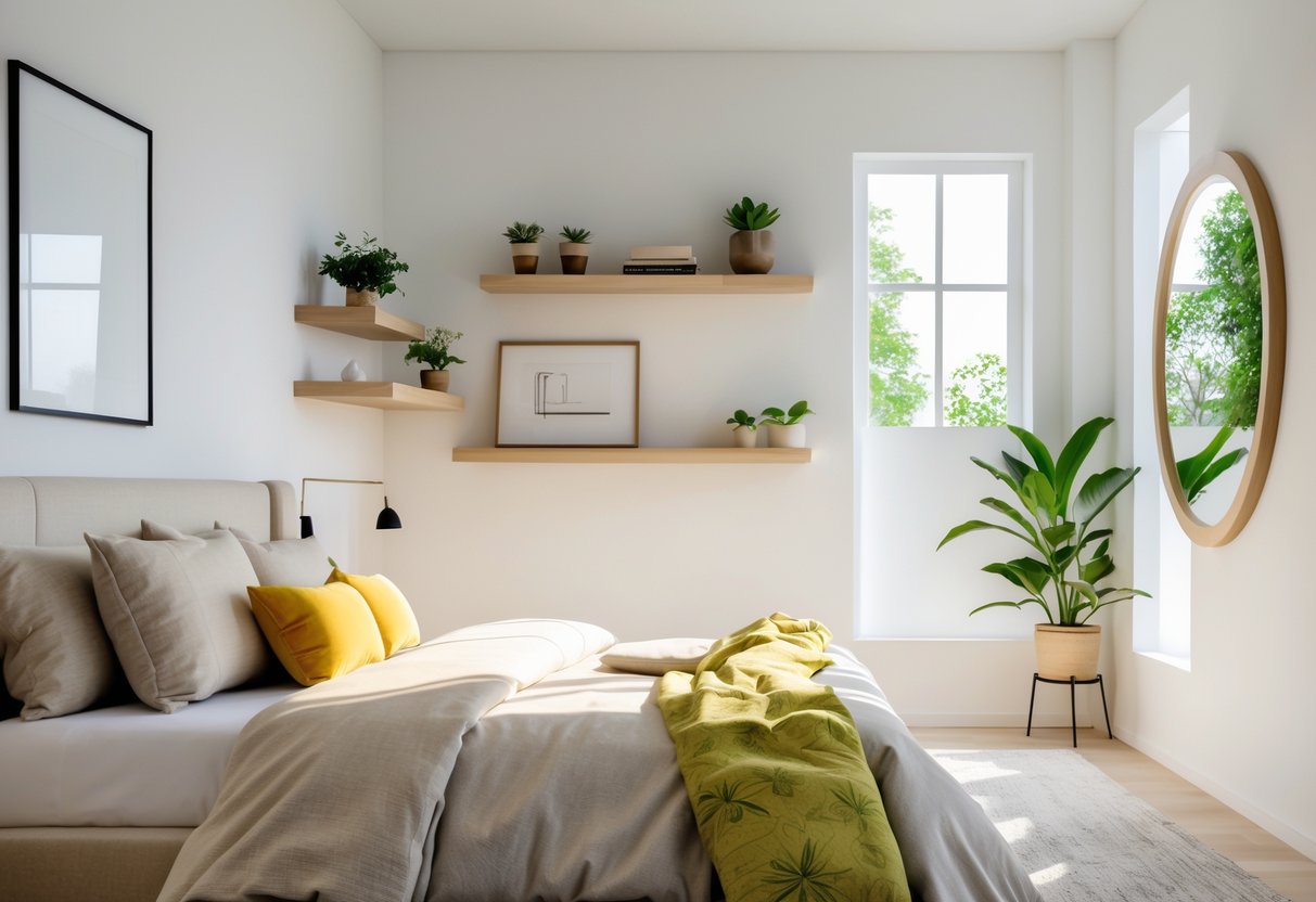 A modern bedroom with a neatly made bed and decorated walls featuring framed art, shelves with plants and books, and a large round mirror reflecting natural light.