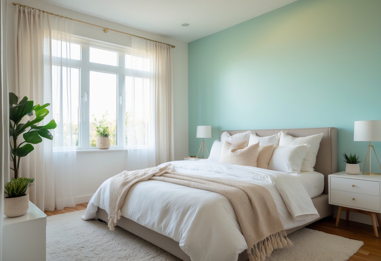 A bedroom with a freshly painted accent wall, a made bed, natural light from windows, and a nightstand with a plant and lamp.