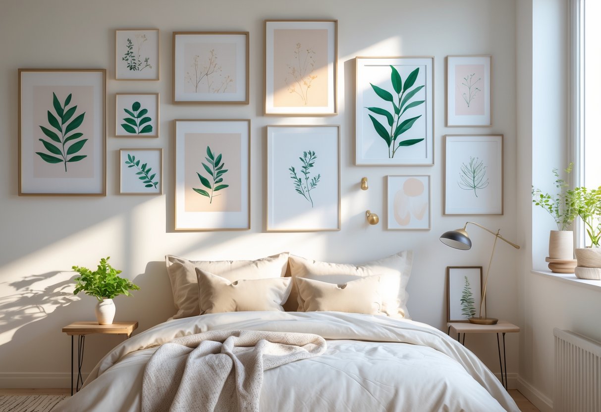 A bedroom with a neatly made bed and several framed artworks arranged on the wall above it, illuminated by natural light from a nearby window.