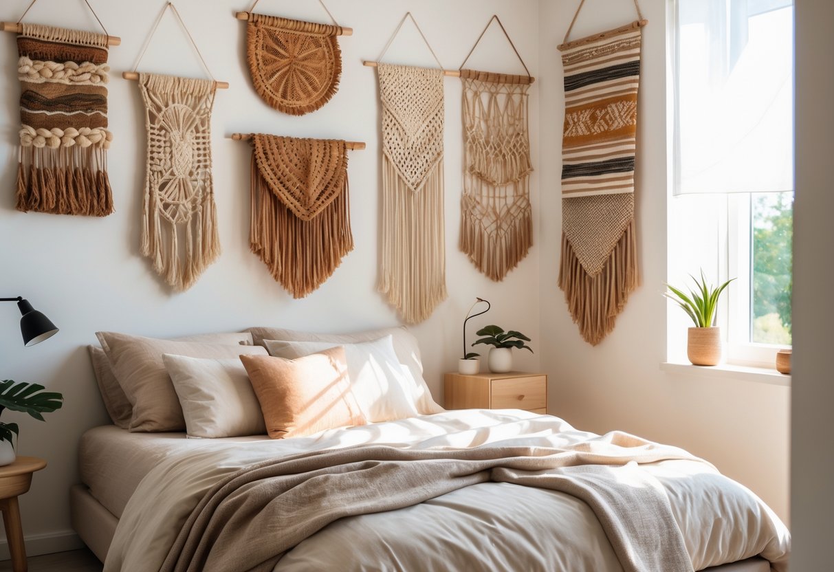 A bedroom with textile wall hangings, a cozy bed, and natural light coming through a window.