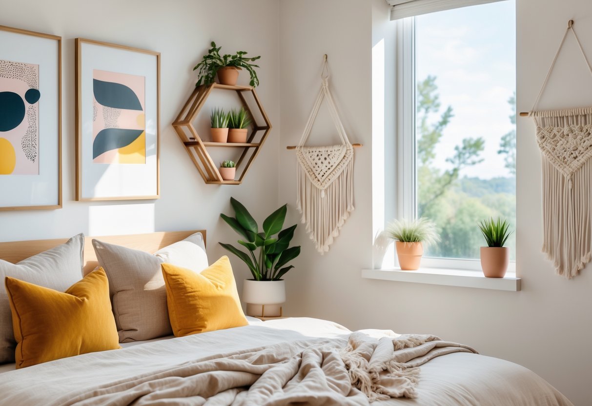 A bedroom with a neatly made bed and various decorative wall elements including framed art, wooden shelves with plants, and a macrame wall hanging.