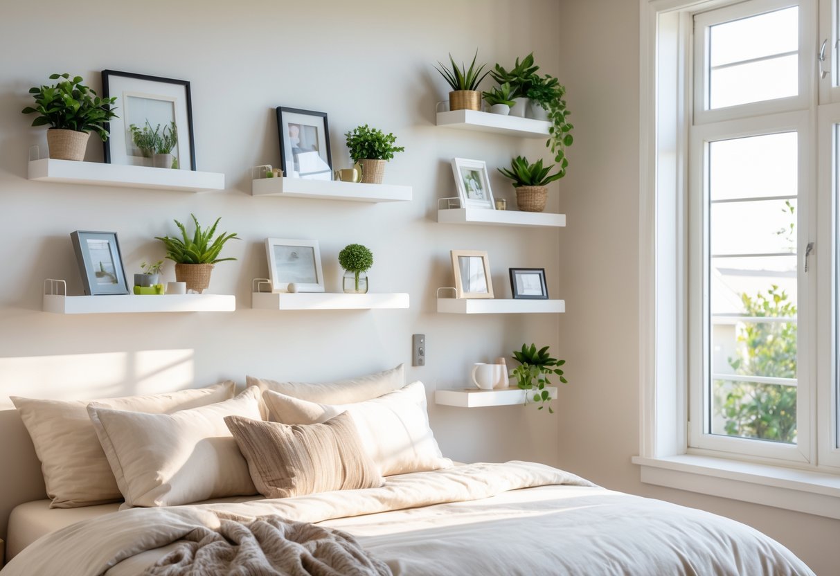 A bedroom with floating display shelves on the wall holding plants, photos, and decorative items above a neatly made bed.