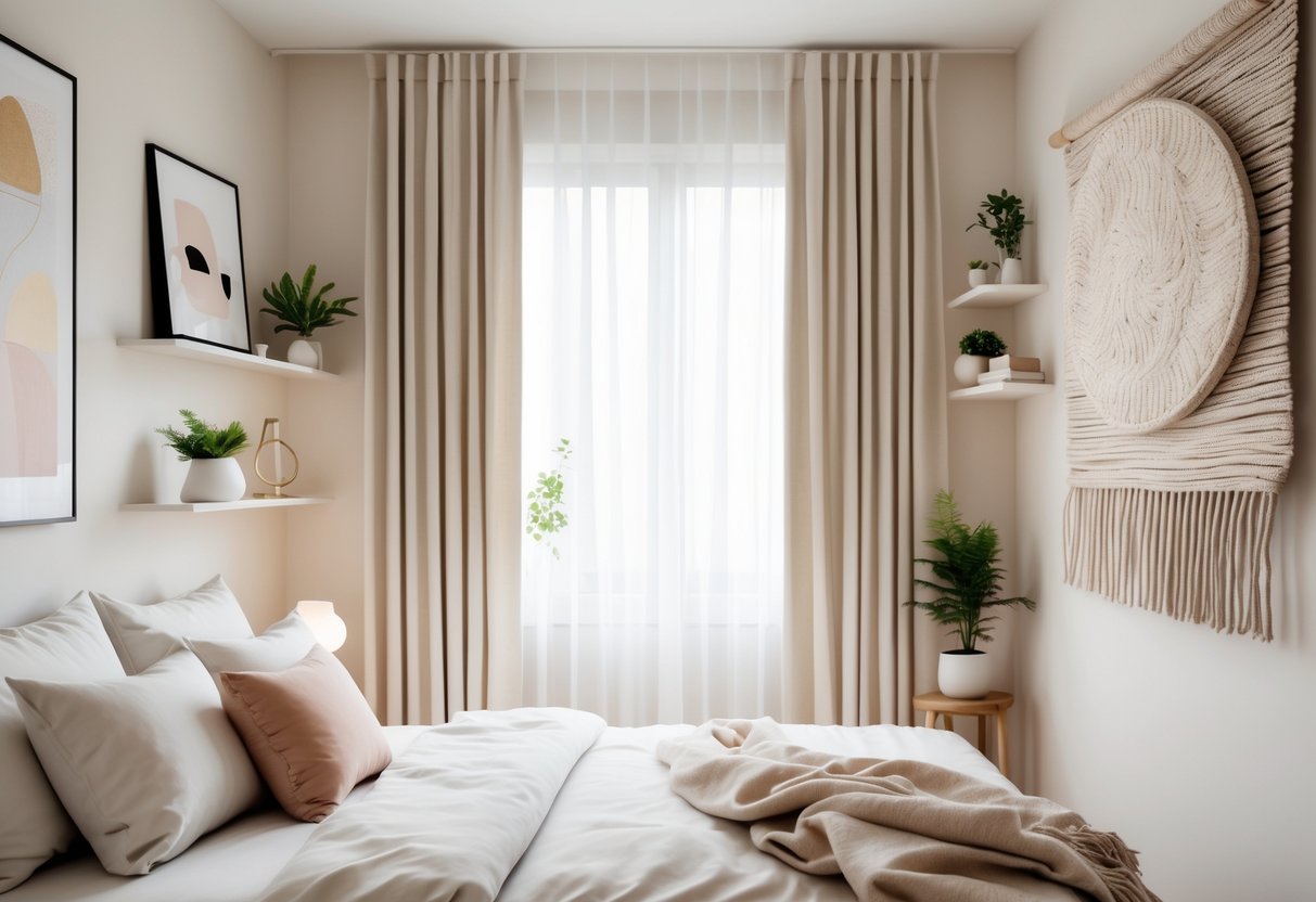 A modern bedroom with decorated walls featuring framed art, shelves with plants, and a large statement piece above a neatly made bed.